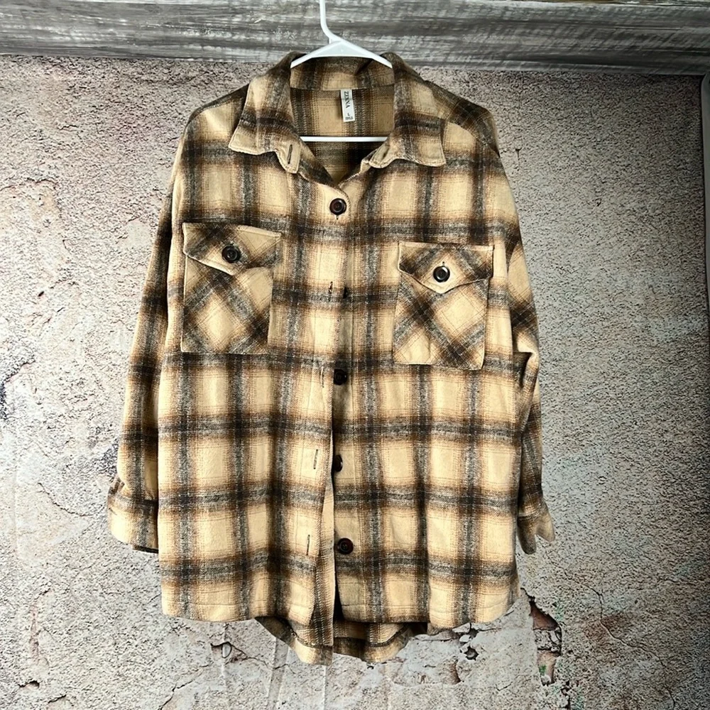 Zenana Oversized Woven Plaid Shacket NWOT. Size L. MN130 - Picture 1 of 3